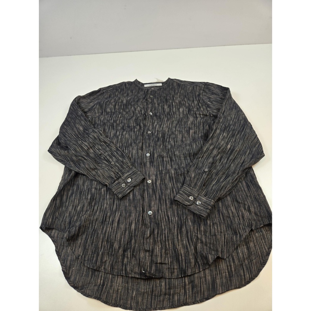 Vestimenta Shirt Mens 42 16.5 Blue Long Sleeve Linen Band Collar Made Italy